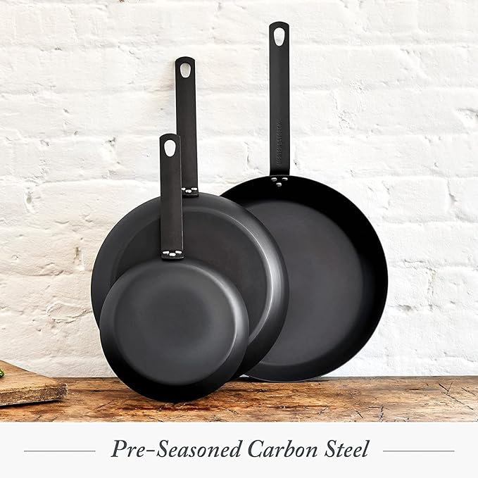 Merten & Storck Pre-Seasoned Carbon Steel 8” Frying Pan Skillet, Use on Induction, Stove and Grill, Durable, Even-Heating, for Searing, Grilling, Oven Use, and Campfire, Indoor/Outdoor