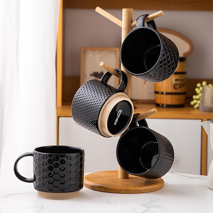 GBHOME 12OZ Stackable Coffee Mugs, Ceramic Coffee Mugs with Texture Patterns for Man,Woman,Dad,Mom, Modern Coffee Mugs Set of 4 for Latte/Cappuccino/Cocoa. Dishwasher&Microwave Safe, Black