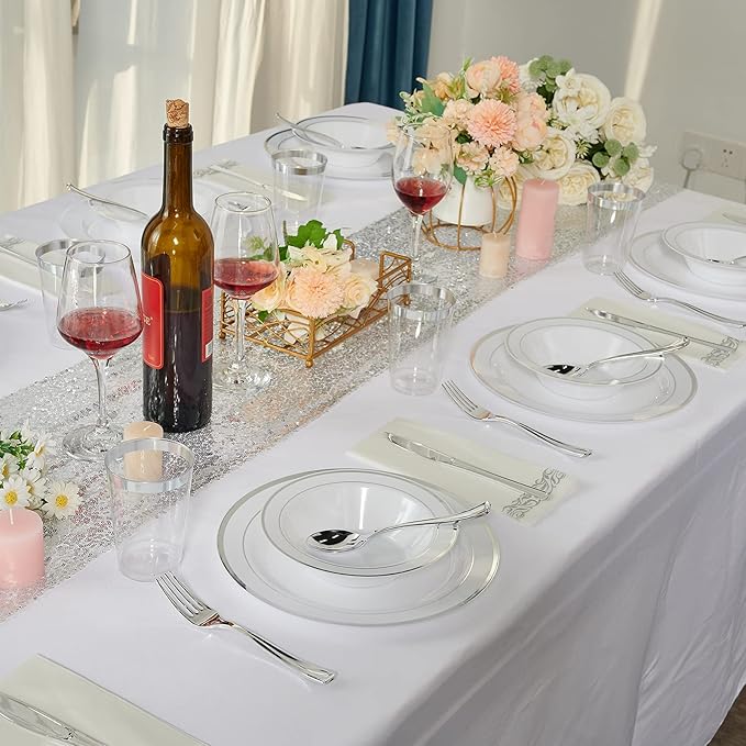 JOLLY PARTY 50 Plastic Bowls with Silver Rim-12oz Disposable Soup Bowls, Christmas Thanksgiving Premium Heavy Duty Plastic Dessert Bowls for Wedding/Party, Silver