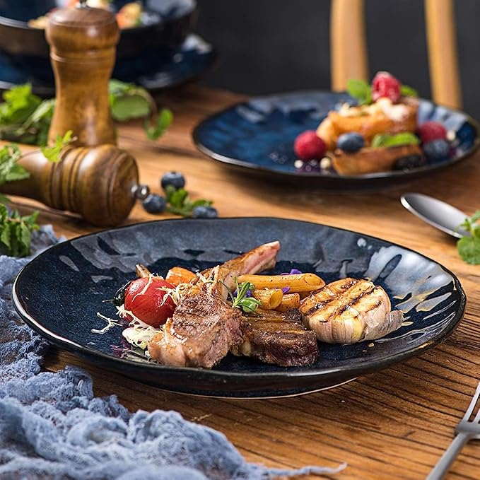 vicrays Ceramic Dinner Plates Set, 10.5 Inch, Set of 4, Round, Microwave, Oven, Dishwasher Safe, Porcelain Fluted Suitable for Steak, Pasta, Pizza, Home, Party, Restaurant (Blue)