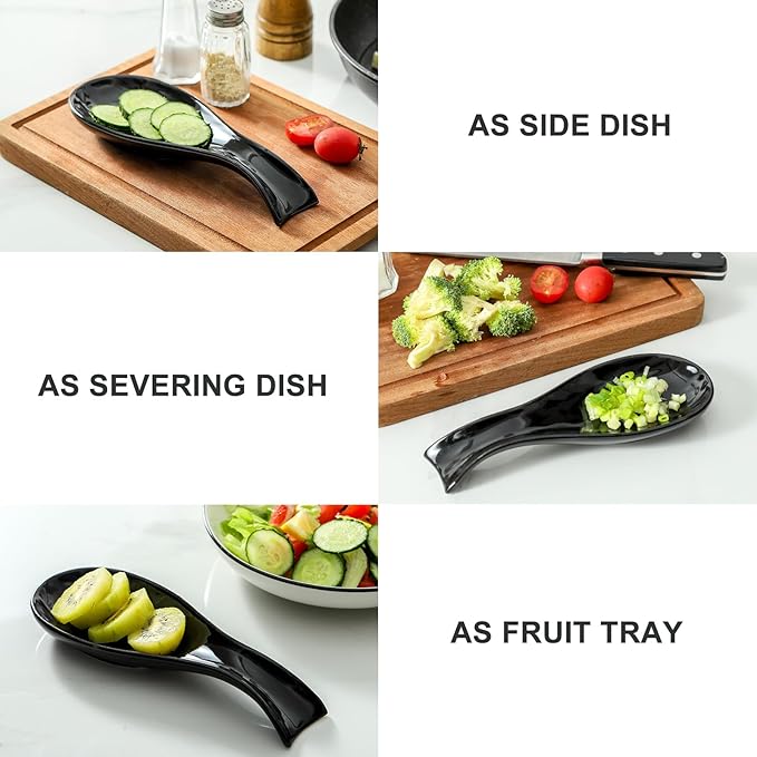Hasense Spoon Rest for Stove Top, Large Ceramic Spoon Holder for Kitchen Counter, Cooking Utensil Rest for Spatula Ladle Spoon and Tong, Kitchen Spoon Rest for Home and Coffee Bar Accessories, Black