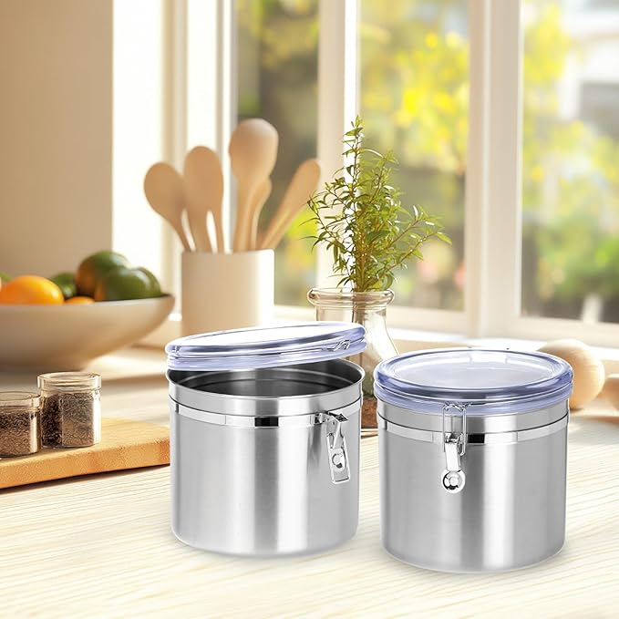 QWORK 160oz Stainless Steel Airtight Canister with Clear Lid for Kitchen Storage | Large Metal Pantry Storage Canister for Coffee Beans, Flour, Tea, Sugar, Cereals