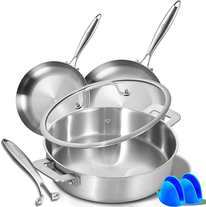 LOLYKITCH 8.5-10 Inch Tri-Ply Stainless Steel Frying Pans and 12 Inch Sauté Pan with Lid,Induction Cookware Set,Multipurpose and Detachable Handle,Dishwasher and Oven Safe