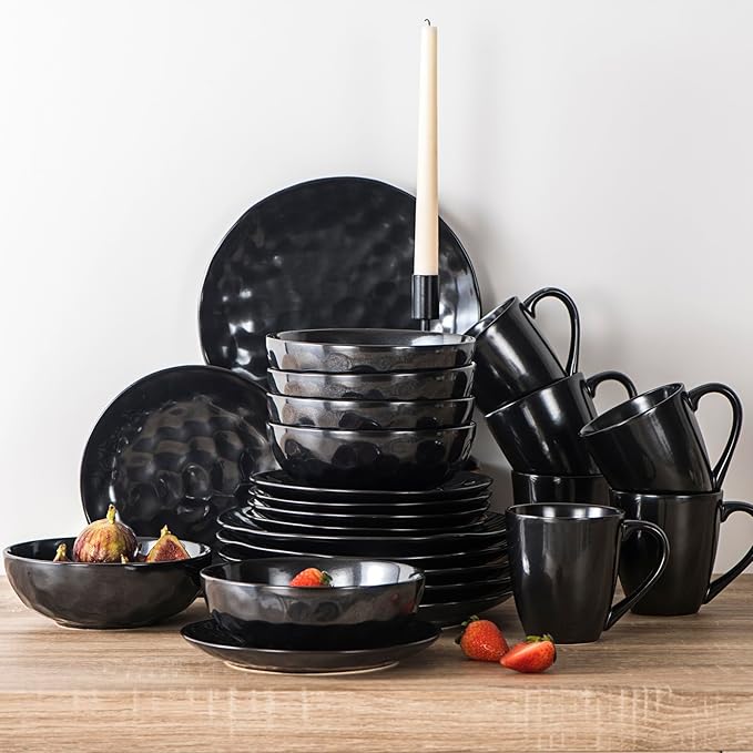 vicrays Ceramic Dessert Salad Plates, 8 Inch, Microwave, Oven, and Dishwasher Safe, Round, Porcelain Fluted Suitable for Snacks, Appetizer, Home, Party, Restaurant - Set of 6 Black