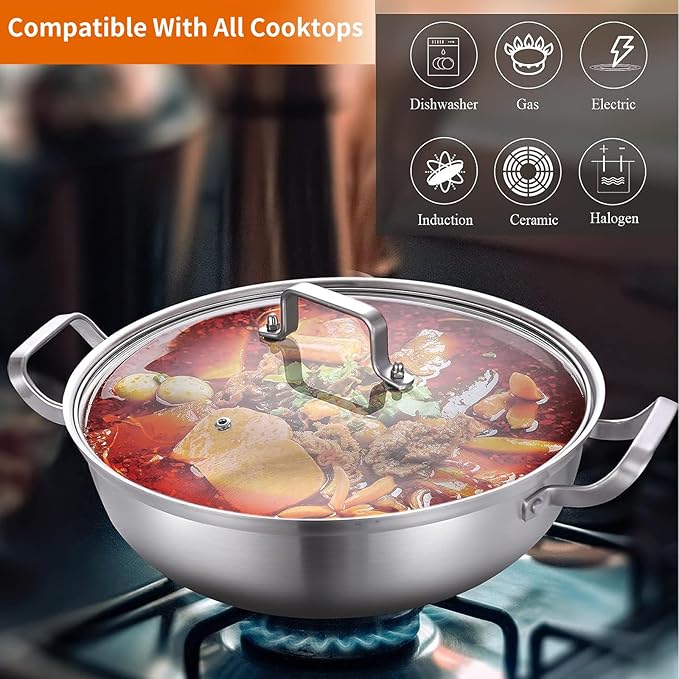 DELARLO Tri-Ply Stainless Steel 12 inch Everyday Pan with Glass Lid, Deep Saute Pan, Kitchen Everything Pan, High Side Chef's Pans, Induction Cooking Pot, Dishwasher Safe, 4QT Stock Pot Up To 600℉