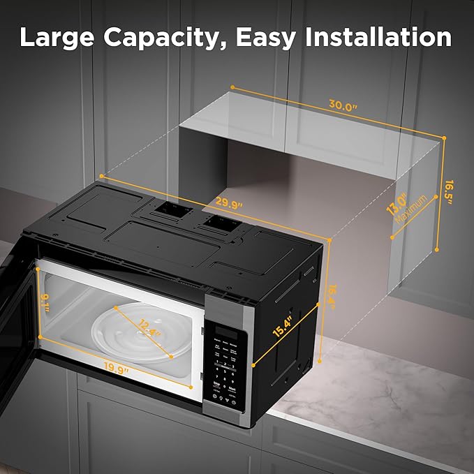 BLACK+DECKER Over the Range Microwave Oven with Vent and One-Touch Auto Cooking, 1.7 cu. ft. OTR Over Stove Microwave, Stainless Steel, 1000 Watts, EM044K6CE-SS