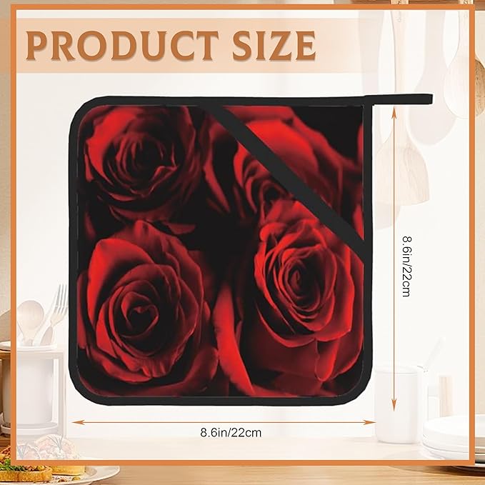 2PCS Rose Pot Holder with Loop,Abstract Red Black Rose Heat Resistant Oven Pads, Hot Pat for Kitchen Cooking Baking Food