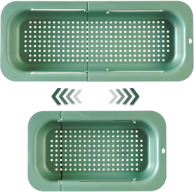 Extendable Sink Colander Strainer Basket - Wash Vegetables and Fruits, Drain Cooked Pasta and Dry Dishes - Adjustable Over the Sink Colander Collapsible Drainer Basket - Green