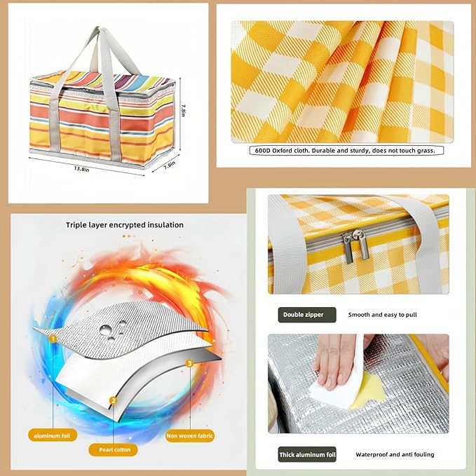 2pcs Insulated Reusable Food Picnic Bag Beach Bags, Beach Bag Cooler Bags with Zippered Top - Insulated Bag for Hot or Cold,Picnic Basket Collapsible, Outdoor Party, Camping,Festivals (C)
