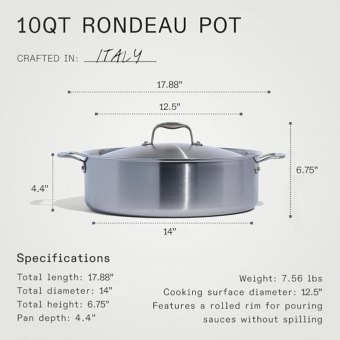 Made In Cookware - 10 Quart Stainless Steel Rondeau Pot w/Lid - 5 Ply Stainless Clad - Professional Cookware - Crafted in Italy - Induction Compatible