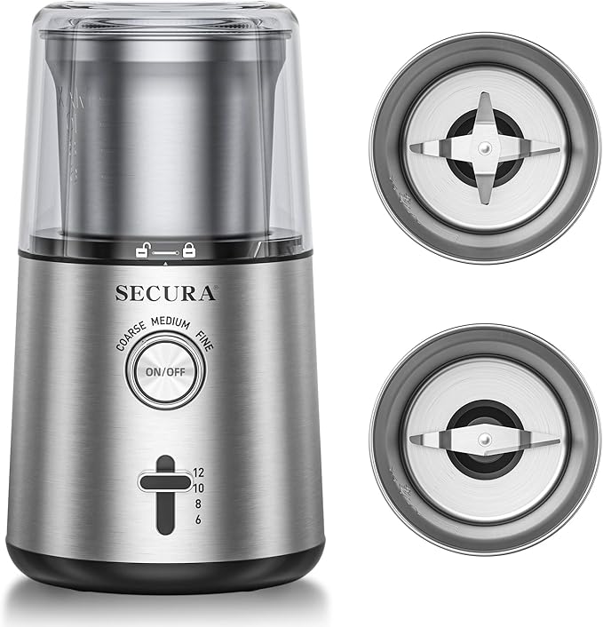 Secura Electric Coffee Grinder and Spice Grinder with 2 Stainless Steel Blades