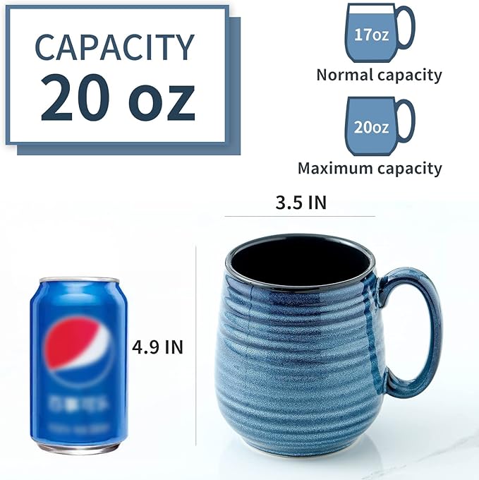 20 oz Stoneware Coffee Mugs, Large Ceramic Coffee Cups Set of 2 for Tea Soup Cereal Cocoa, Pottery Mugs for Office and Home, Unique Latte Cups for Men/Women Gift, Blue