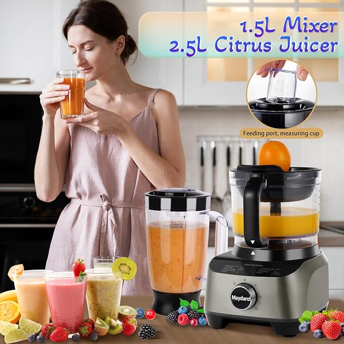 14 Cup Food Processor, French-Fry-Cutter, Blending, Mixing, Shredding, and Slicing, Meat and Vegetable Chopping, Doughing for Home Use, Mincing, and Pureeing,4 Speeds,600W