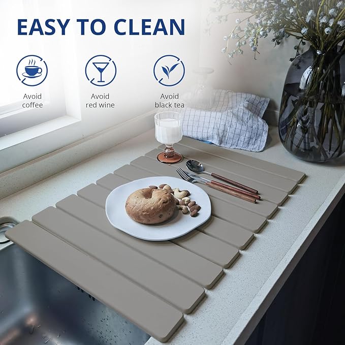 Large Stone Dish Drying Mat for Kitchen Counter, 24"×16" Quick Dry Collapsible Diatomaceous Earth Mat – Super Absorbent Foldable Drying Pad for Dishes (Light Gray, 23.2" x 15.4")