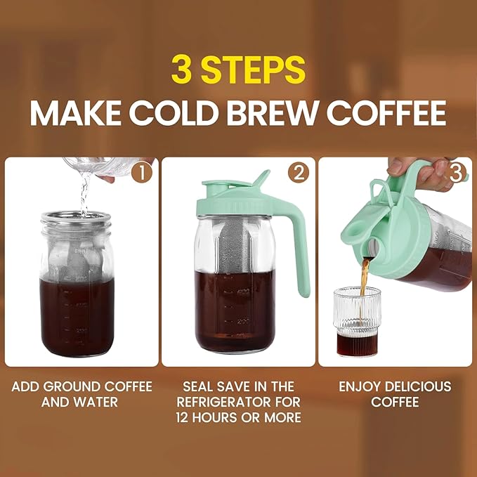 Cold Brew Coffee Maker,32 oz Mason Jar Pitcher with Stainless Steel Filter, Pour Spout Handle Lid, Heavy Duty Glass Airtight & Leak-Proof Pitcher for iced coffee Tea Breastmilk Lemonade-Green