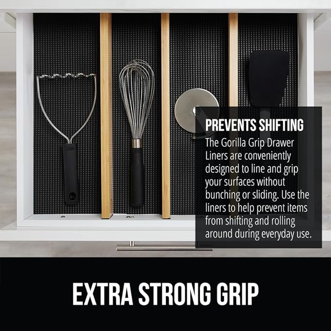 GORILLA GRIP powerGRIP Drawer Shelf and Cabinet Liner, Thick Strong Hold, Non-Adhesive Liners Protect Kitchen Cabinets and Cupboard, Bathroom Drawers, Easy Install, Breathable Mat, 12" x20', Black