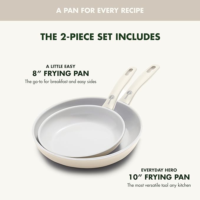 GreenPan Dover 8” 10” 2 Piece Frying Pan Skillet Set, Non-Toxic PFAS-Free Ceramic Nonstick Coating, Sear Saute Fry Egg Omlete, Dishwasher & Oven Safe, Stay Cool Handle, Easy Pour Rims, Cream White
