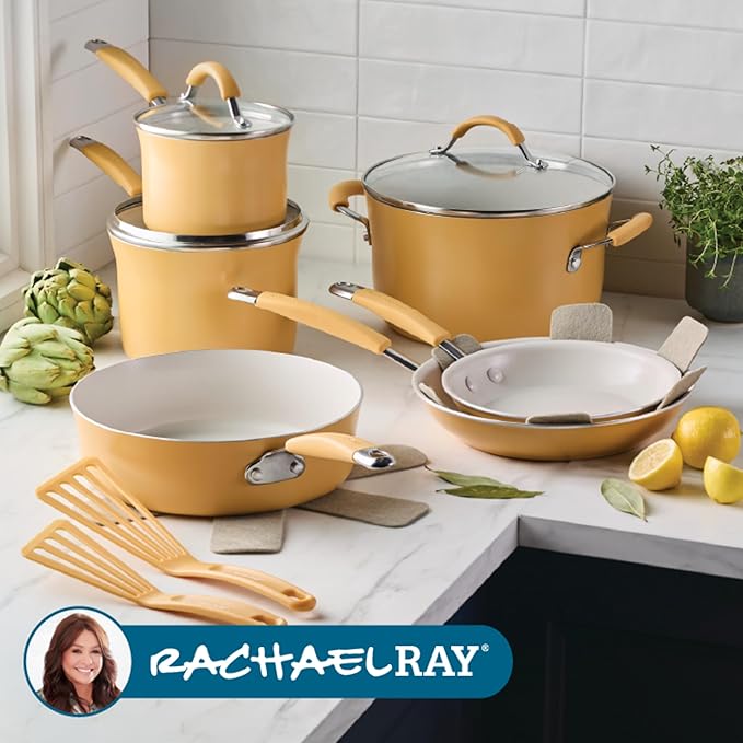 Rachael Ray Cucina Ceramic Cookware Set - 13 Pieces - Ceramic Pots and Pans Set w/Nonstick Frying Pans, Saute Pan, Saucepans, Stockpot, Lids, Pan Protectors & Cooking Utensils - Turmeric