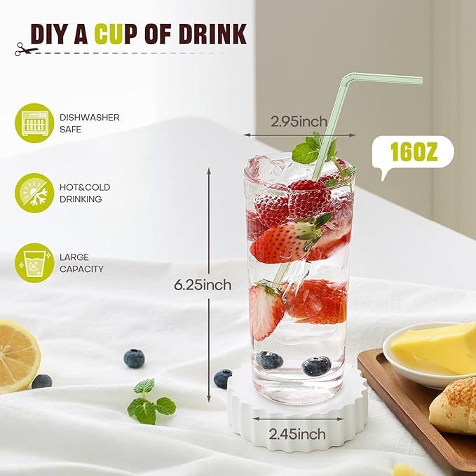 Highball Glasses Set of 12, 16oz Tall Drinking Glasses, Water Glass for Kitchen, Tom Collins Glasses, Mojito Glass Cups, Cocktail Glasses for Bar Glassware