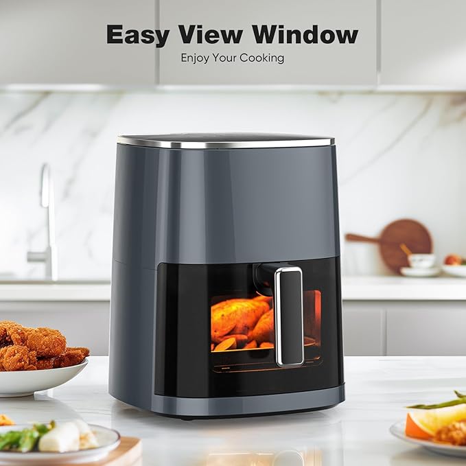 Sweetcrispy Air Fryer 6QT with Window, Square Airfryer Oven 12-in-1 for Family, 400°F Rapid Air Crispy Technology, Roast Bake Dehydrate, Nonstick & Easy-Clean Basket,Grey Black