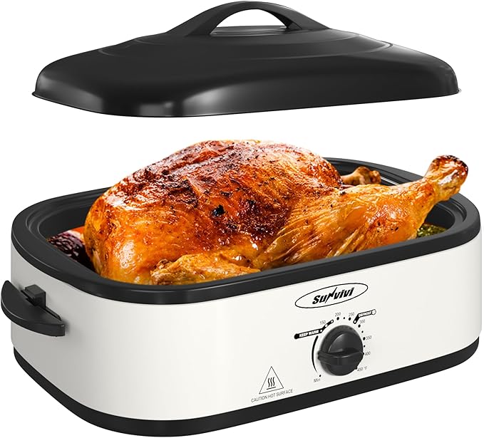 Sunvivi 14-Quart Roaster Oven with Self-Basting Lid, Electric Turkey Roaster Oven with Removable Pan and Rack, Stainless Steel, White