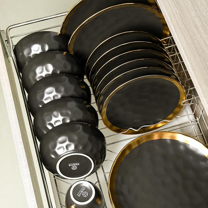 vicrays Ceramic Dessert Salad Plates, 8 Inch, Set of 6, Round, Dishwasher Safe, NOT Microwave Safe, Scratch Resistant, Suitable for Appetizer, Home, Restaurant (Black with Golden)