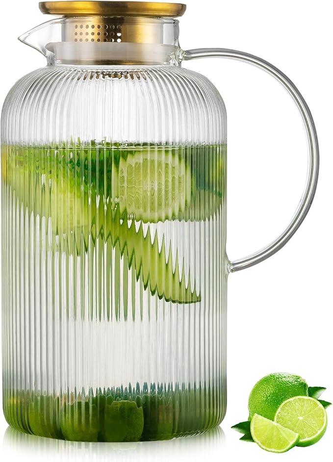Glass Pitcher with Lid, 100 oz/ 3 Liter Classic Vertical Stripes Water Pitcher,Glass Water Carafe for Cold Brew, Coffee, Lemonade, Iced Sun Tea,Beverage, Milk, Heat Resistant