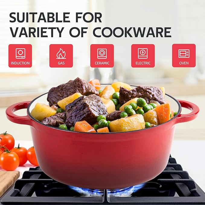 3 Quart Dutch Oven Enameled Cast Iron with Lid - Big Dual Handles - Oven Safe up to 500°F - Classic Round Pot for Versatile Cooking Red