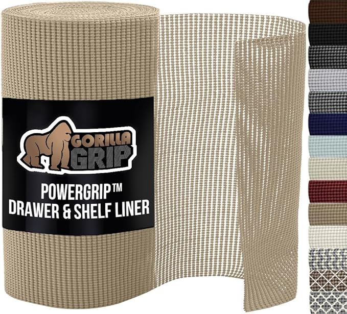 GORILLA GRIP powerGRIP Drawer Shelf and Cabinet Liner, Thick Strong Hold, Non-Adhesive Liners Protect Kitchen Cabinets and Cupboard, Bathroom Drawers, Easy Install, Breathable Mat, 20" x20', Beige