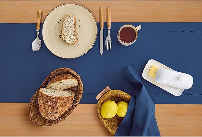 Solino Home Table Runner 108 Inches Long - Cotton Linen Hemstitch Lapis Blue Table Runner 14 x 108 Inch for Summer, Fall, Autumn