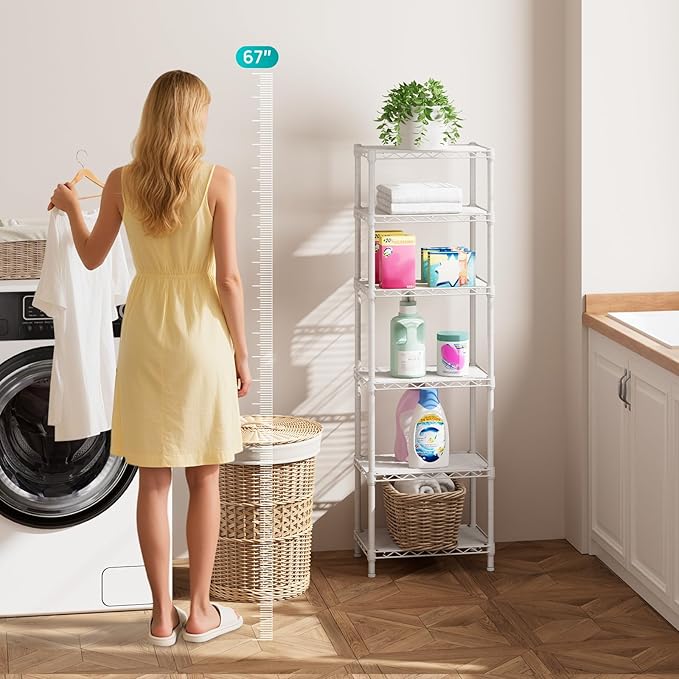 SINGAYE 6 Shelves Storage Shelf Wire Closet Bathroom Organizers Metal Pantry Kitchen Small Garage Shelving Unit Laundry Room Organization Home Corner Rack Estantes para Cocina White 10" Dx16 Wx60”H