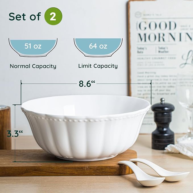 Pasta and Salad Bowls,8.5 Inch Serving and Soup Bowl Set, Microwave and Dishwasher Safe, Set of 2, White, Kitchen Plates and Bowls Set