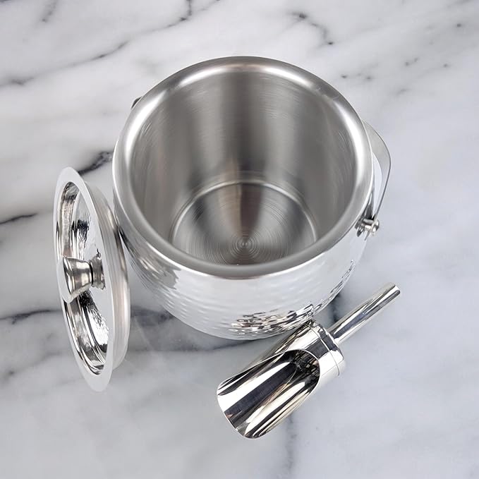 BREKX 3-QT Insulated Ice Buckets for Parties with Lid and Scoop - Iceberg Anchored Wine Chiller Champagne Bucket for Cocktail Bar, Metal Bucket with Lid, Non-Sweat