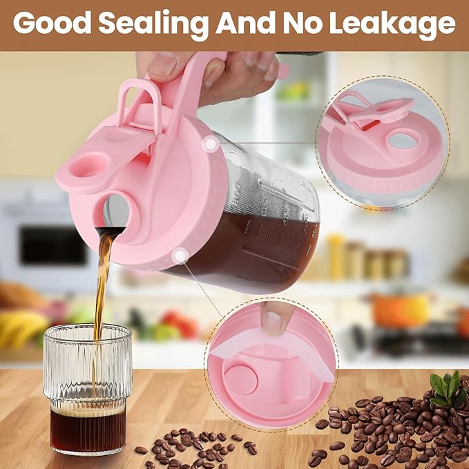 Cold Brew Coffee Maker,32 oz Mason Jar Pitcher with Stainless Steel Filter, Pour Spout Handle Lid, Heavy Duty Glass Airtight & Leak-Proof Pitcher for iced coffee Tea Breastmilk Lemonade-Pink