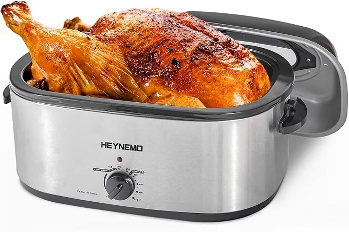 24QT Electric Roaster Oven, Electric Turkey Roaster with Viewing & Self-basting Lid, Stainless Steel Turkey Roaster Oven, Silver