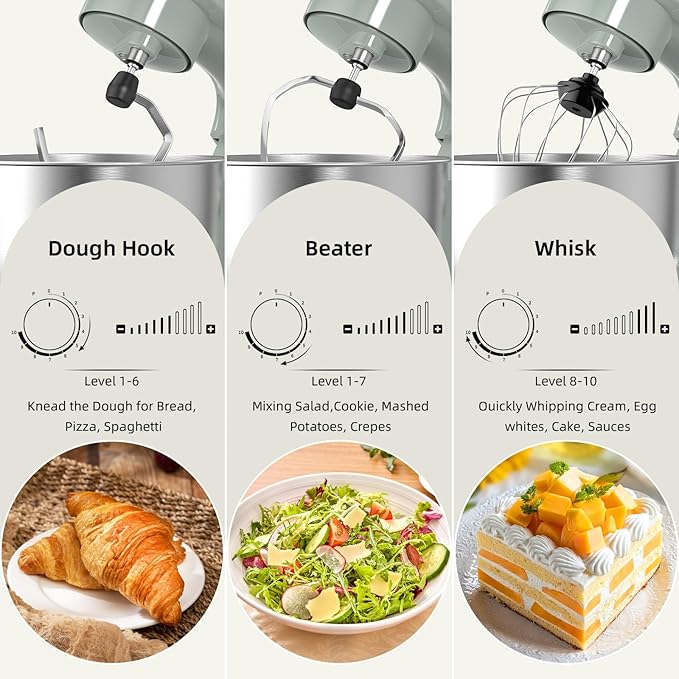 Electric Stand Mixer,660W 10 Speeds Tilt-Head Food Mixer, 3-IN-1 Kitchen Mixer for Daily Cooks with 6.5 QT Bowl,Dough Hook, Beater, Whisk (Morandi Green)