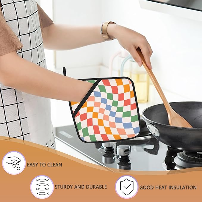 2 Pack Colorful Checkered Pot Holders for Kitchen Heat Resistant, Abstract Retro Wavy Potholders for Kitchens Washable for Cooking & Baking & Microwave
