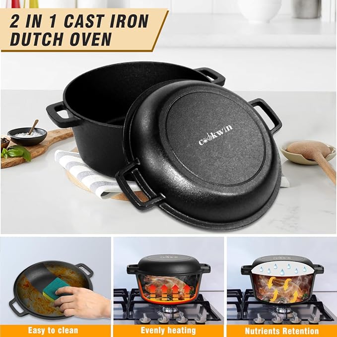 2-in-1 Dutch Oven,Cast Iron Dutch Ovens,Dutch Oven Pot,5.5 Quart Cast Iron Pots,Pre-Seasoned Dutch Oven with Pans Set,All-in-One Cookware Set for camping lodge or RV