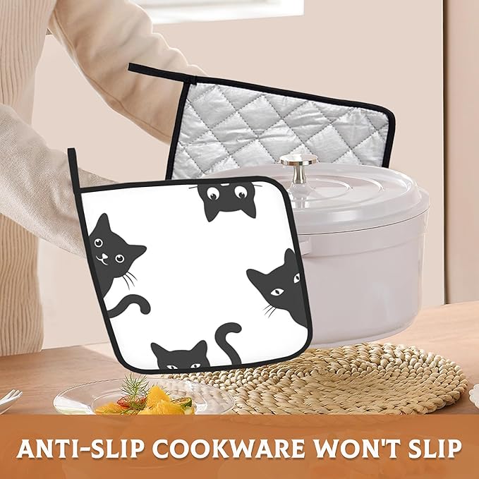 2PCS Black Cat Pot Holder with Loop,Heat Resistant Oven Pads, Hot Pat for Kitchen Cooking Baking Food
