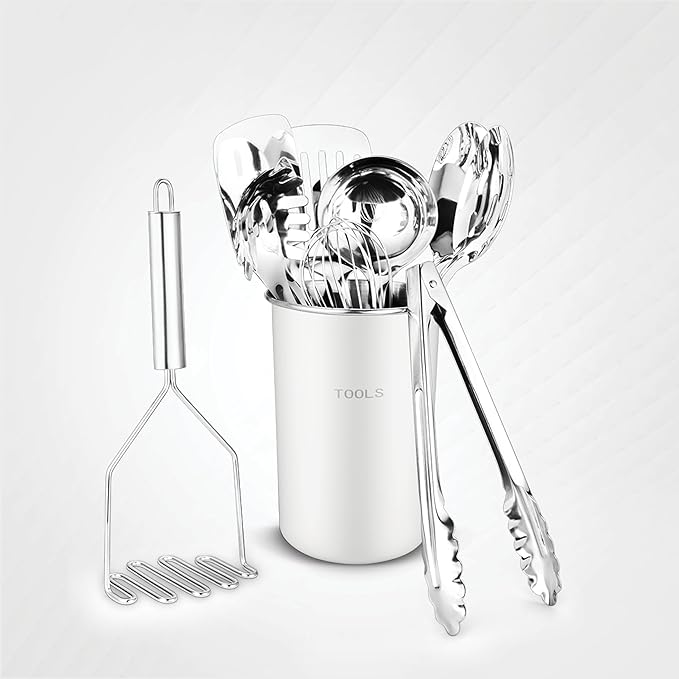 Avador® Premium Set of 10 Stainless Steel (WHITE HOLDER) Kitchen Tool Set with Holder Easy To Clean, Space Saving, Great for Cooking, Baking, Prepping (WHITE)