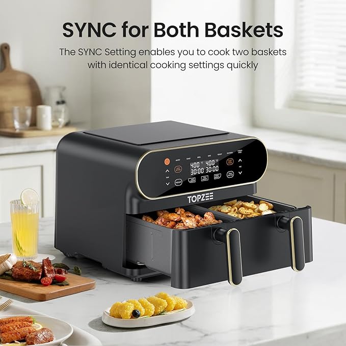 11-QT Large Air Fryer, 8-in-1 XL Airfryer with Flex Basket, Divider for Dual Cooking, Preheat Air Fry, Roast, Broil, Bake, Reheat, Dehydrate, French Fries Dishwasher Safe, w/Gold Border