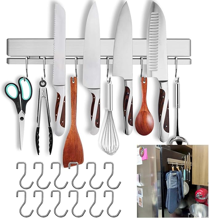 17 Inch Magnetic Knife Holder for Refrigerator with 12 Hooks - Double Sided Magnetic Knife Strip for Fridge - Premium Magnetic Knife Bar Rack - 304 Stainless Steel Kitchen Utensil Hanger