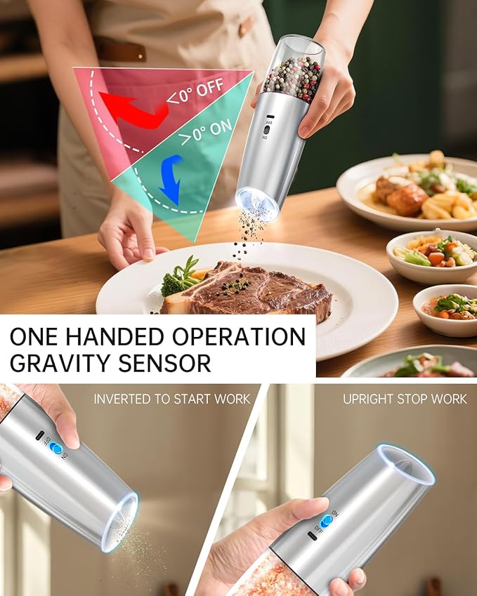 CIRCLE JOY Rechargeable Gravity Electric Salt and Pepper Grinder Set, Stainless Steels Salt and Pepper Mills with LED Light, No Battery Needed, Adjustable Coarseness, Washable 135ml Container, Silver