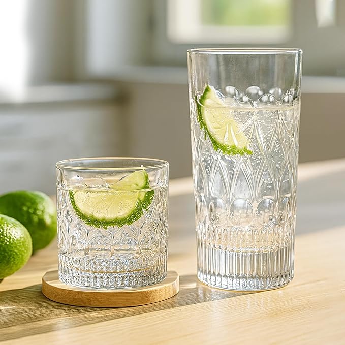 YULEER Drinking Glasses Set of 8, Glassware Drink Set, 4pcs 12oz Highballs and 4pcs 10oz Whiskey Glasses, Mixed Drinkware Easy to Clean for Whiskey, Cocktail, Margarita, and other Beverages