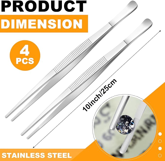 Yaomiao 4 Packs 10 Inch Bar Tweezers Silver Long Garnish Tongs Stainless Steel Kitchen Cooking Tongs Tweezers for Food Cocktail Korean BBQ Bartender Chef, Multi-use