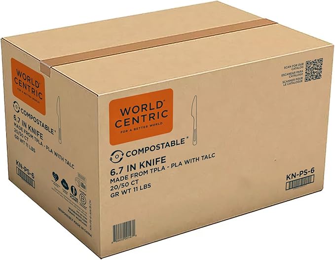 World Centric Compostable Knife 7" - Made from Plants and Minerals,White TPLA - 1000 Pack