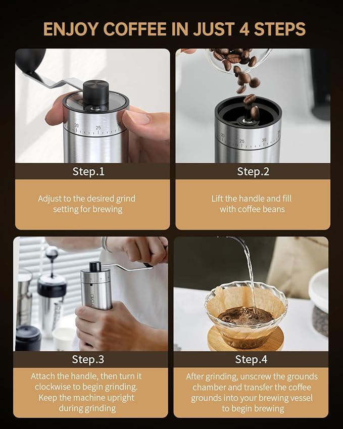 CIRCLE JOY Portable Manual Coffee Grinder with Ceramic Conical Burr and 40 External Adjustable Settings, Stainless Steel Hand Coffee Grinder for Camping, Travel and Espresso, Silver