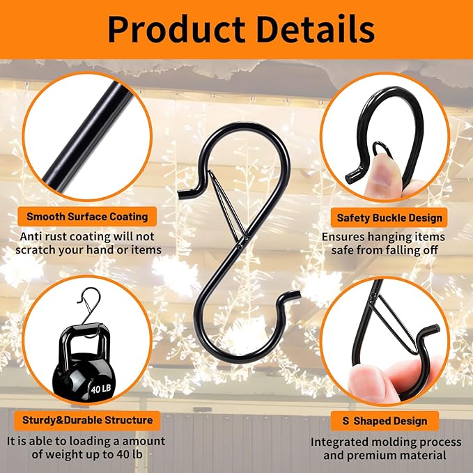 48 Pcs S Hooks for Hanging with Safety Buckle, 3.5 inch Heavy Duty Metal S Shaped Hooks Stainless Steel for Hanging Kitchen Utensil, Cups, Pots, Plants, Bags, Hats (Black)