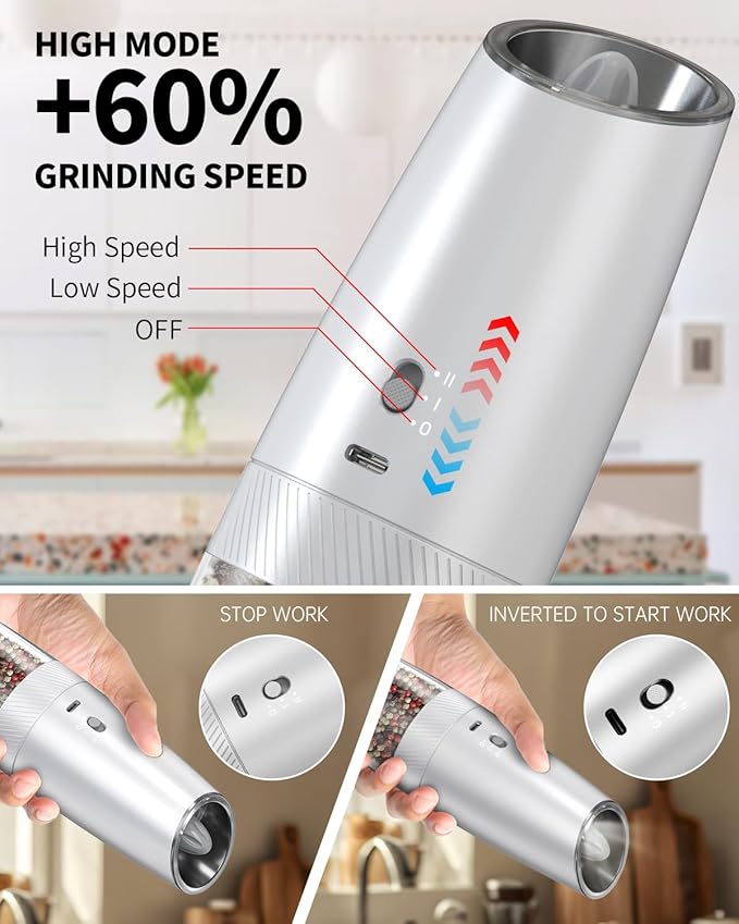 CIRCLE JOY 2-Speed Gravity Electric Pepper Grinder, Rechargeable Salt Grinder Pepper Mills, Adjustable Coarseness, White LED Light, 135ML Large Capacity, Silver