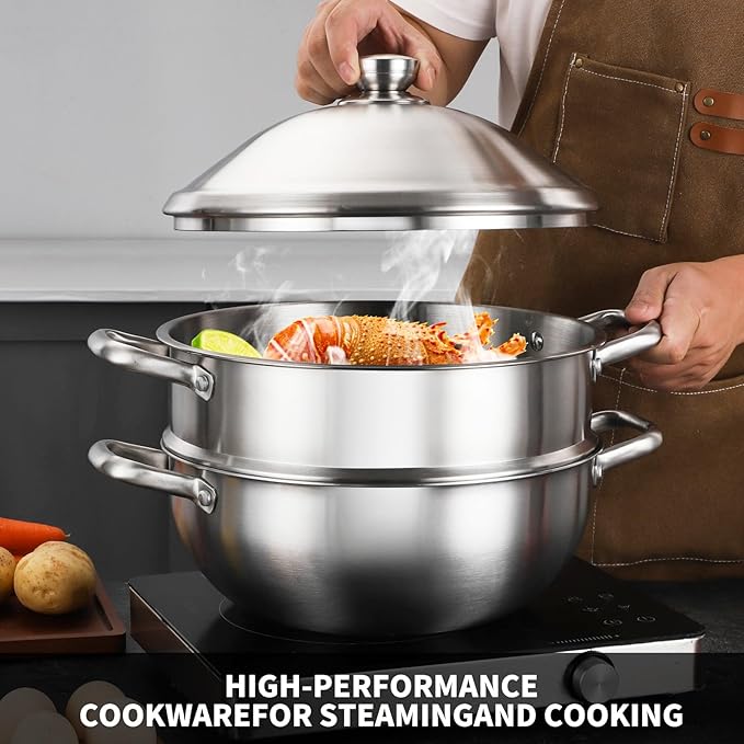 Delarlo Tri-Ply Stainless Steel Steamer Pot 12 Inch Everyday Pan With Lid,kitchen everything pan, Chef's Pans,Induction Cooking Pot, 7QT Stock Pot Dishwasher and Oven Safe